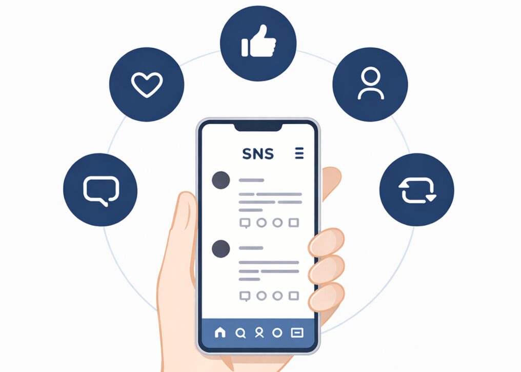 SNS運用のイメージイラスト。スマートフォンといいねやコメントなどのアイコンが配置されている