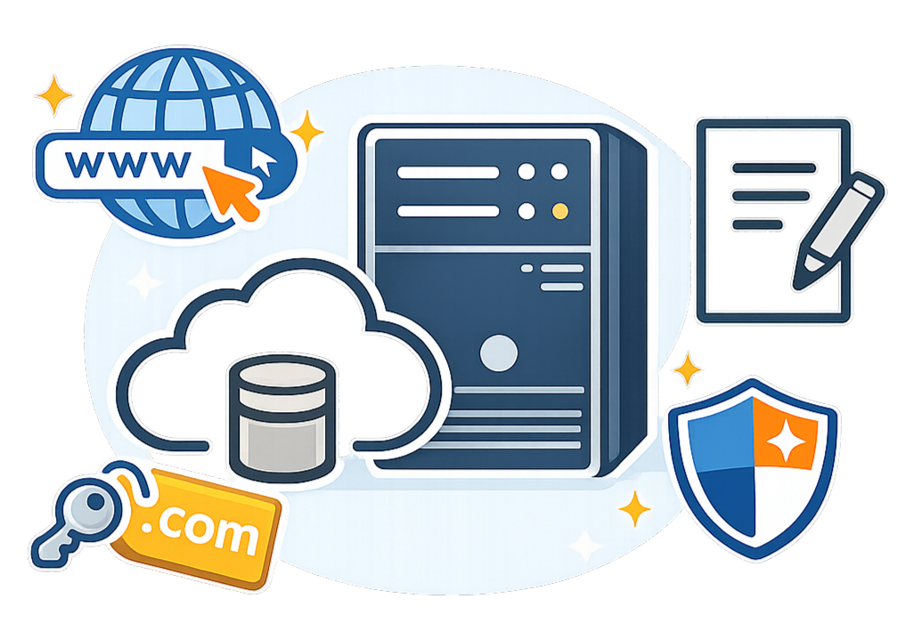 SEO・MEO対策のイメージイラスト。ドメインやサーバー、セキュリティや設定を表すアイコンが配置されている