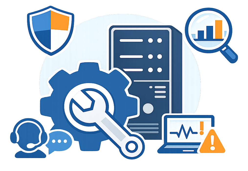 運用・保守サポートのイメージイラスト。サーバーや歯車、セキュリティや監視を表すアイコンが配置されている