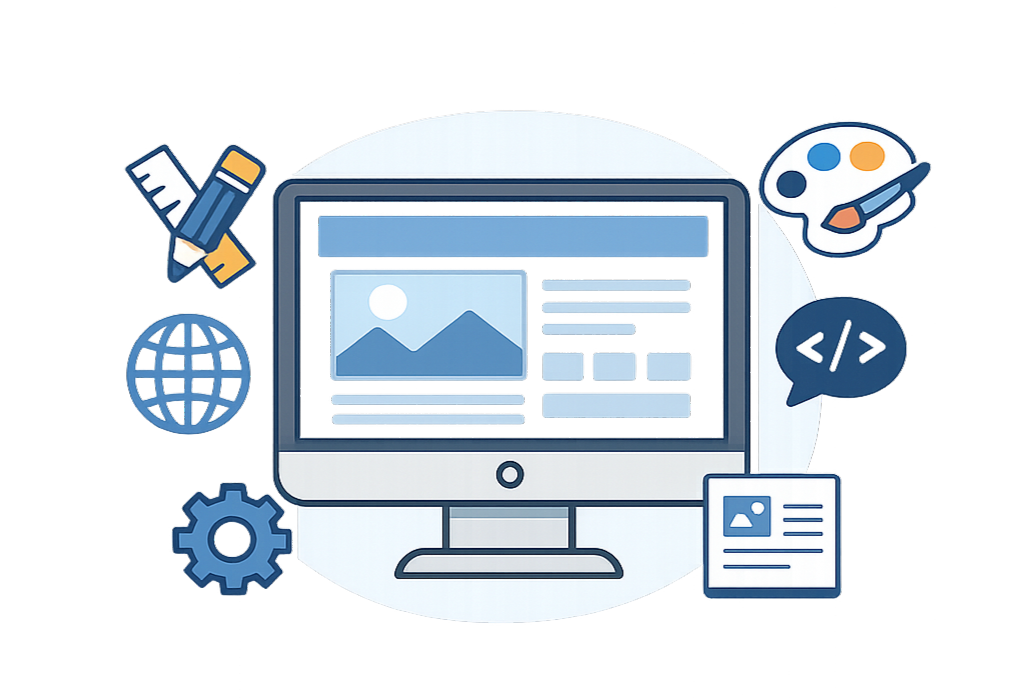 ホームページ制作のイメージイラスト。パソコン画面を中心に、デザイン・開発・設定を表すアイコンが配置されている