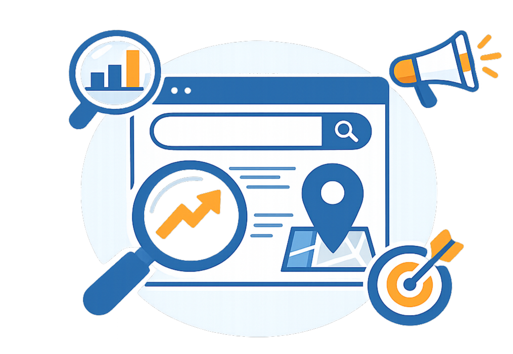 SEO・MEO対策のイメージイラスト。検索画面やグラフ、位置情報やターゲットを示すアイコンが配置されている