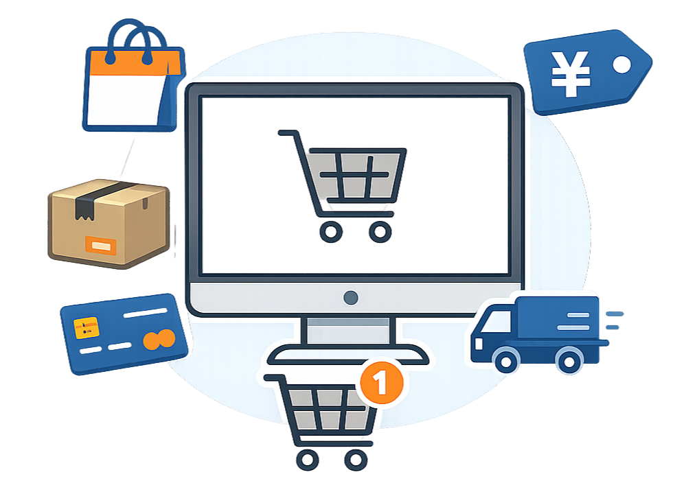 ECサイト制作のイメージイラスト。パソコンとカート、決済や配送を表すアイコンが配置されている